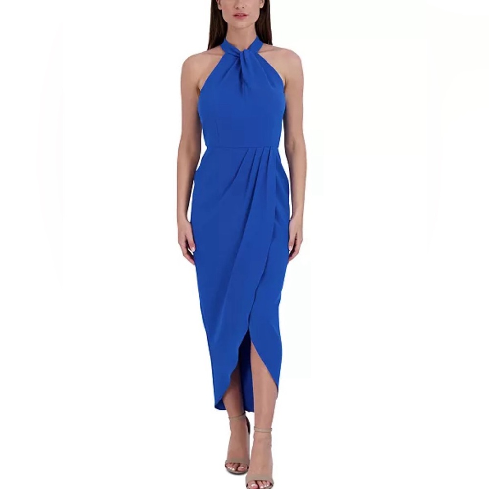 Blue Dress - Julia Jordan Knot-Neck Tulip Hem Midi Dress - Size 14